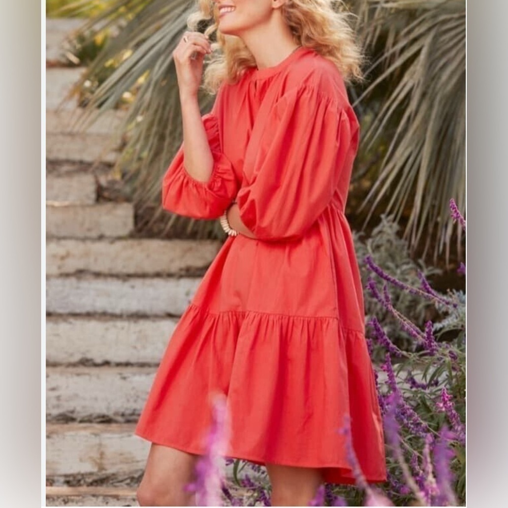 Sundry Evereve Bright Coral Tiered Babydoll Puff Sleeve Dress Size M